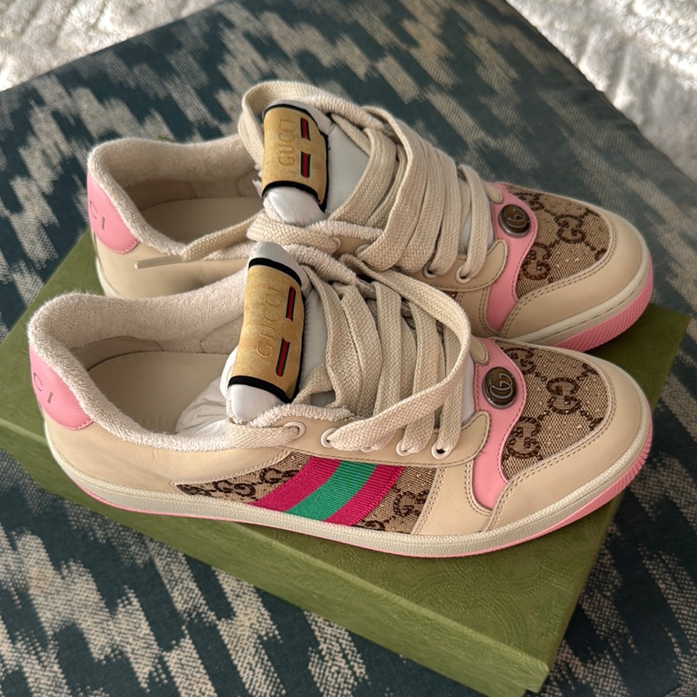 Women’s Beige and Pink Designer Gucci Sneakers